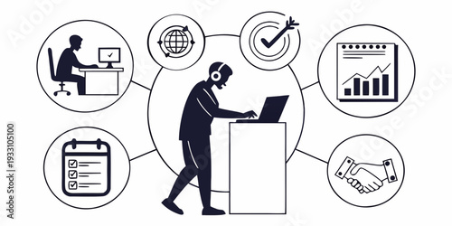 A person presenting data with various icons representing different aspects of business and information. Vector