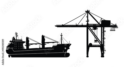 Black silhouette of a cargo ship and port crane against a white background