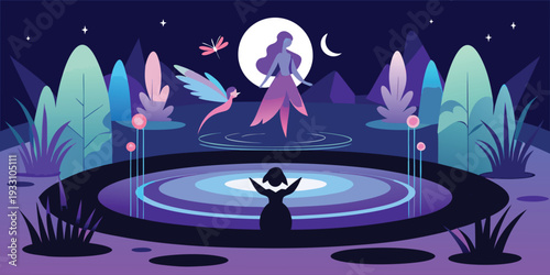 Mystical scene depicting a fairy and a figure by a pond at night