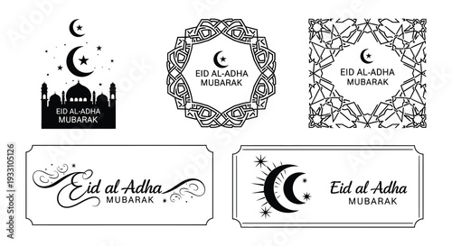 Eid al adha mubarak islamic greeting card designs with crescent moons