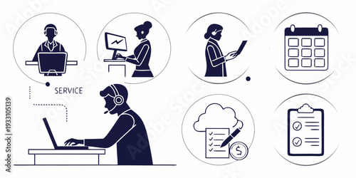 Illustrations of people working remotely from home with various tasks and activities Vector