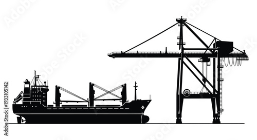 Black silhouette of a cargo ship alongside a dockside gantry crane