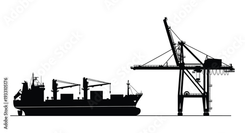 Black silhouette of a cargo ship and port crane against a white background