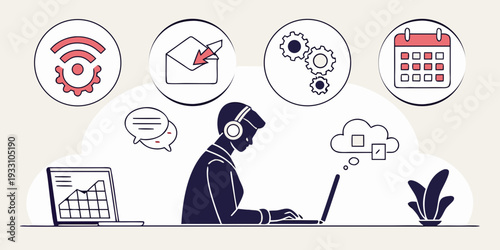 Woman working on laptop with various icons representing productivity and organization. Vector