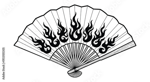 Black and white illustration of a folding fan decorated with flame motifs