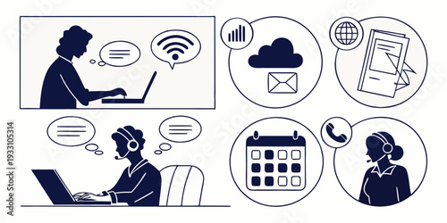 A diverse group of people engaging in various activities and communication methods. Vector