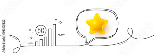 5g wifi signal quality line icon. Continuous line with 3d star. Wireless technology sign. Mobile internet symbol. 3d star in speech bubble. 5g wifi single line ribbon. Loop curve pattern. Vector