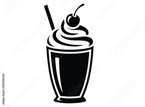 Stylized monochrome illustration featuring a rich chocolate drink crowned with swirling whipped cream and cherries, refined black and white café dessert concept, clean detailed linework, professional
