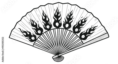 Black and white illustration of a hand fan with flame designs