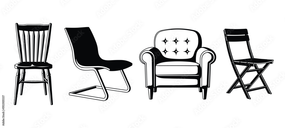 Fototapeta premium Collection of four black chairs vector illustration for interior design and furniture concepts