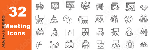 Meeting in line style set. Editable web icons for conference, business meating, discussion, planning, event, teamwork, seminar etc. Vector illustration.