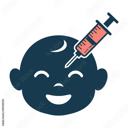 Smiling baby illustration with syringe injecting vaccine into head playful concept for immunization and healthcare