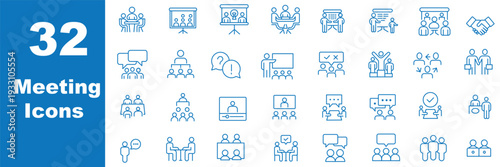 Meeting in line style set. Editable web icons for conference, business meating, discussion, planning, event, teamwork, seminar etc. Vector illustration.