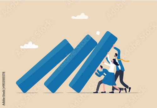 Teamwork to solve problem, team effort help stop crisis, responsibility to stop failure, support or trustworthy or courage to success concept, business people colleagues help stop domino falling