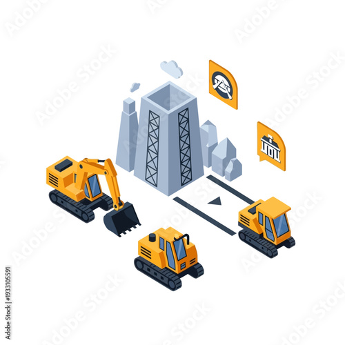 Isometric illustration of a mining operation with excavators, a processing plant, raw materials, and abstract icons representing industrial processes and resource management.