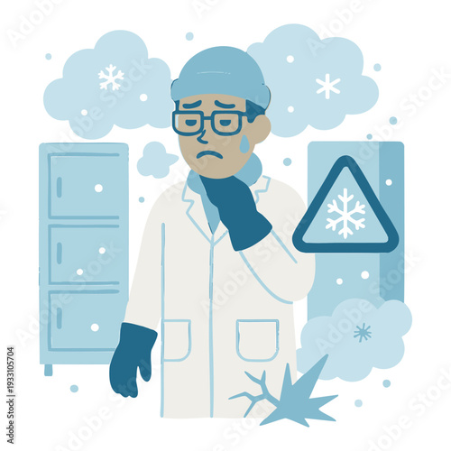 Scientist feeling cold and unwell in lab with frost