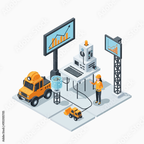 Isometric illustration of data mining and analysis operations with a worker, mining vehicles, and large display screens showing growth.