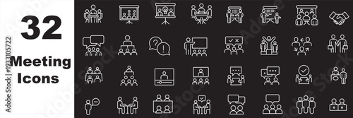 Meeting in line style set. Editable web icons for conference, business meating, discussion, planning, event, teamwork, seminar etc. Vector illustration.
