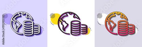 World budget line icon. Halftone dotted pattern. Gradient icon with grain shadow. Internet financial trade sign. Global economy symbol. Line budget icon. Various designs. Vector