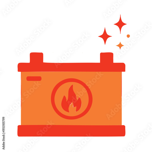 Car battery with bright sparks and fire symbol
