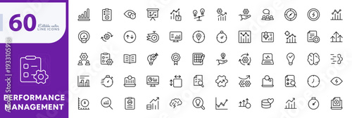 Performance monitoring Line Icon Set. Analytics, dashboard, optimization, workflow, server monitoring, data analysis, icons vector illustration. Editable pixel-perfect stroke icon