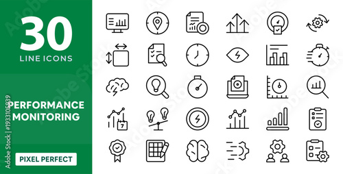 Performance monitoring outline icons. Dashboard, speed, optimization, workflow, analytics, server monitoring, data analysis, icons vector illustration.
