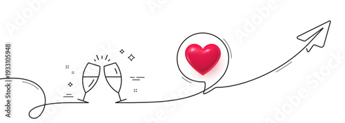 Champagne glasses line icon. Continuous line with share plane. Romantic celebration sign. Love chin-chin symbol. 3d heart in speech bubble. Champagne glasses single line ribbon. Vector