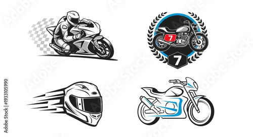 Motorcycle racing illustrations, helmet and bike designs, perfect for speed and adventure themes.