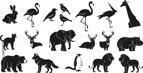 Large collection of wild animal silhouettes, diverse wildlife icons, elephant, lion, giraffe, bear, deer, birds,