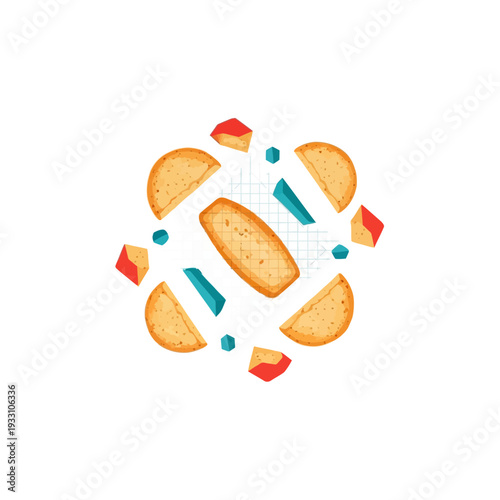 Abstract Composition of Bread Slices and Colorful Geometric Shapes.