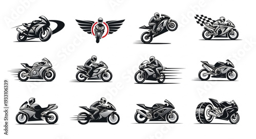 Motorcycle racing action illustrations, dynamic speed and motion, black and white designs.