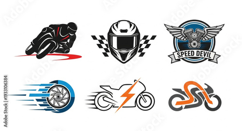 Motorcycle racing logos and emblems collection with various designs and styles.