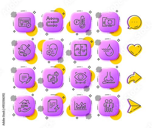 Power certificate, Journey path and Manganese mineral line icons. App 3d buttons. Social media comment, share, like icons. Pack of Recovery computer, Nasal test, Chat bubble icon. Vector