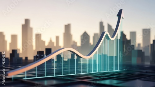 Rising glass arrow graph over blurred city skyline representing urban economic growth and success