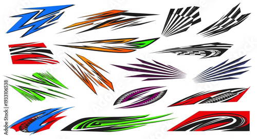Collection of dynamic racing car decals and vehicle vinyl stickers for design.