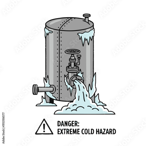 Industrial tank with ice leaking extreme cold hazard