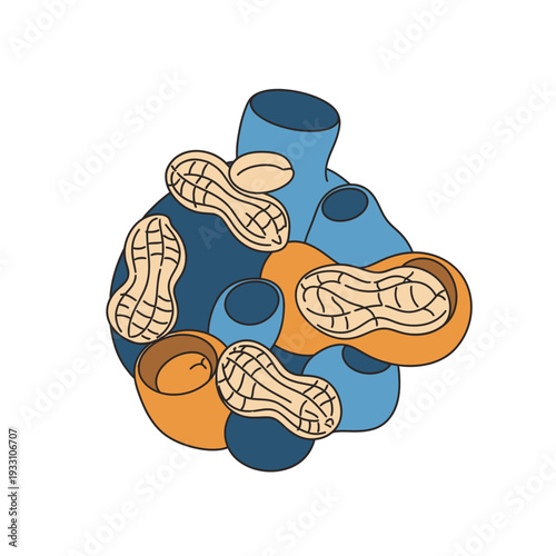 Peanuts and abstract shapes in a playful illustration.