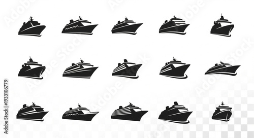 Collection of various black and white cruise ship illustrations on a transparent background.