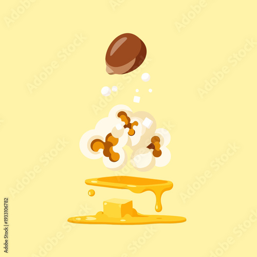 Popcorn kernel transforming into fluffy snack with butter and honey.