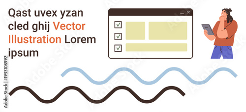 Digital tools, communication, content design, user interface, education resources, workflow. Person holding a tablet beside a checklist interface and wave graphics. Digital tools and communication