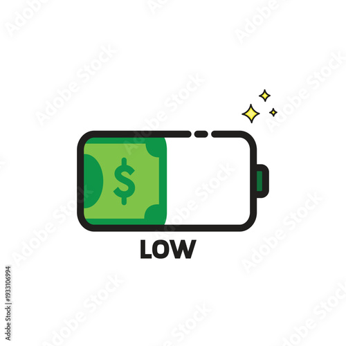 Low battery money empty symbolizes drained finances, suitable for financial crisis concept in business, economy, personal finance presentations.
