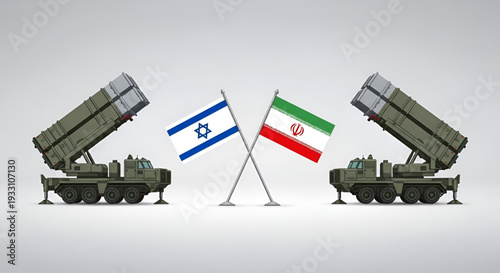 War vector illustration showing israel and iran flags with missile launchers symbolizing military tension conflict escalation and global security crisis concept