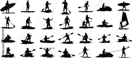 Large bundle of water sports silhouettes, summer outdoor activity icons, surfing, kayaking, jet ski, windsurfing,