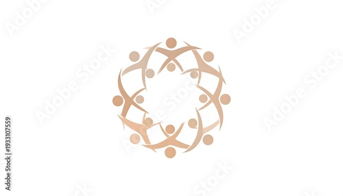 A circular illustration shows diverse figures linked at the arms, creating a symbol of unity. The minimalist design uses warm, neutral tones