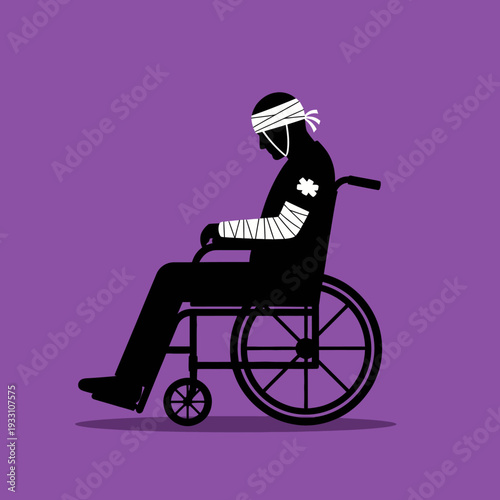 Injured person in wheelchair, bandaged head and arms, silhouette on purple background