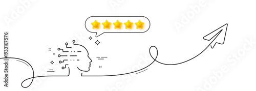 Artificial intelligence line icon. Continuous line with share plane. Ai head sign. Robotic intellect symbol. Five star rate review in speech bubble. Artificial intelligence single line ribbon. Vector