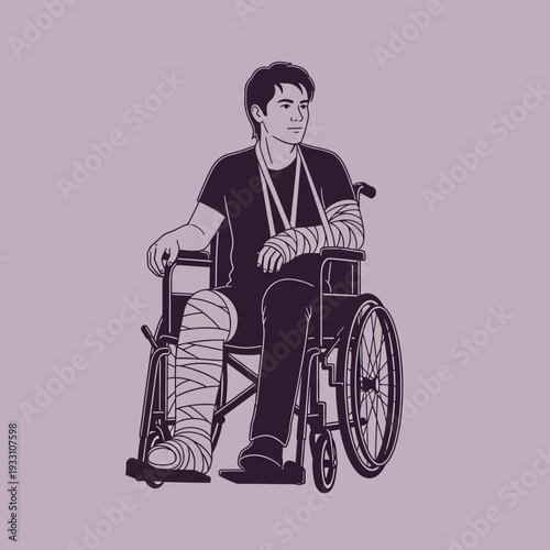 Injured man in wheelchair with casts on arm and leg, recovery concept