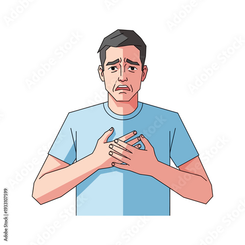 Man clutching chest in pain, distressed expression, medical emergency concept
