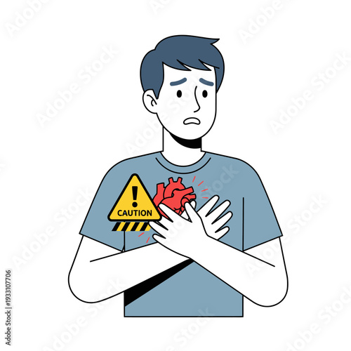 Man with heart pain and caution sign, medical emergency concept
