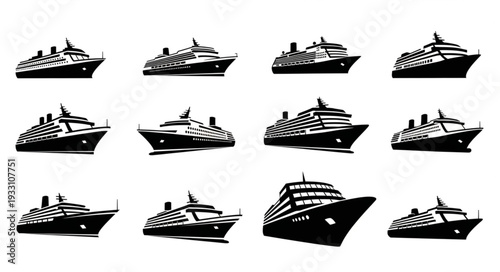 Collection of various cruise ships in black and white, isolated on white background.